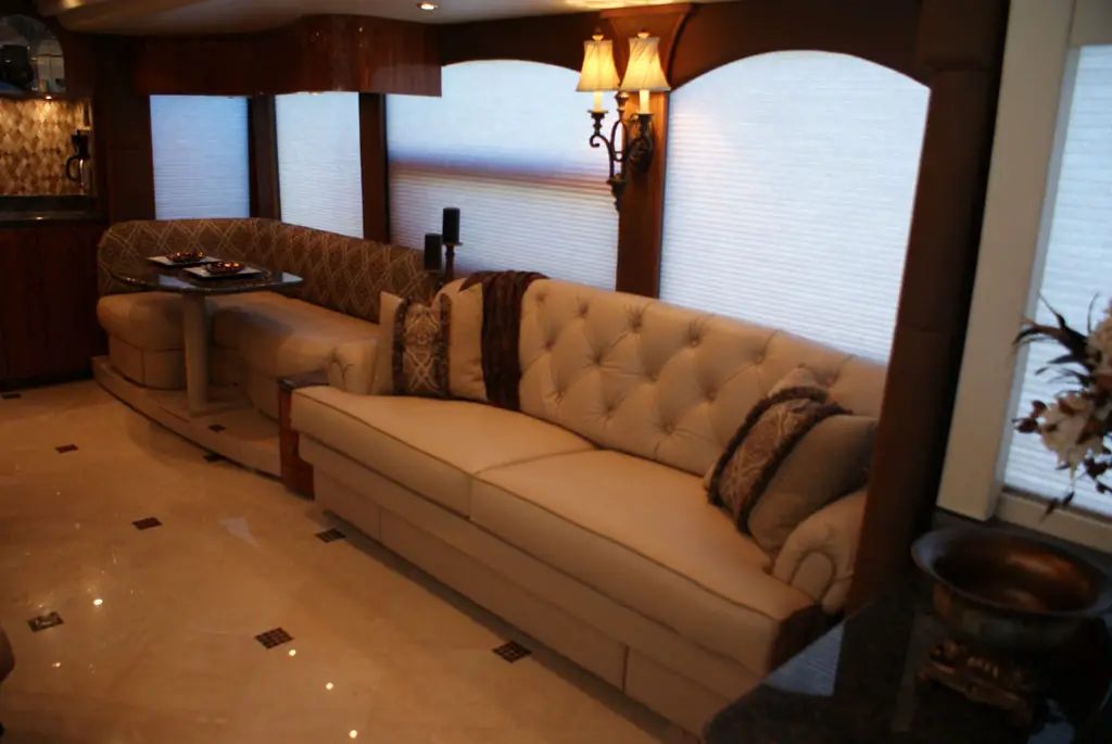 A spacious couch in a luxury RV