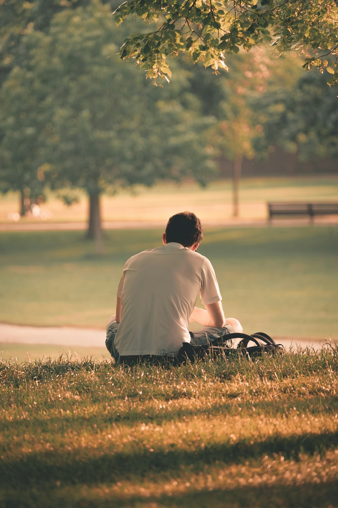 man wearing white shirt sitting on green grass field